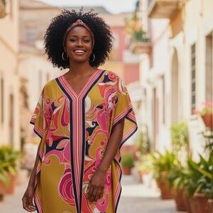 Roper Romp Mustard Yellow Multicolor V-Neck Maxi Caftan Maxi Dress